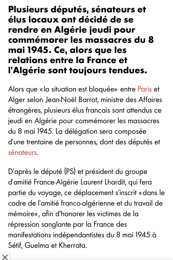 وفد برلماني فرنسي في ‫الجزائر‬ لإحياء ذكرى مجازر 8 ماي 1945 ..اليمين المتطرف يتحدث عن “خيانة الجمهورية “