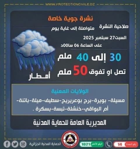 أحوال الطقس في الجزائر ليوم 27 سبتمبر 2025
