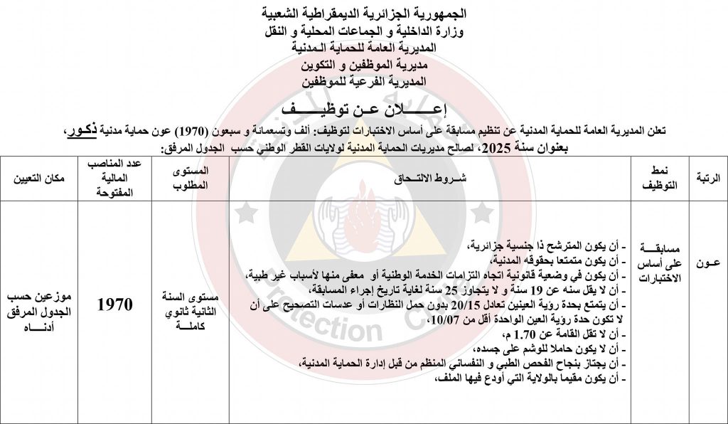 الحماية المدنية الجزائرية تعلن عن مسابقة لتوظيف 2000 عون
