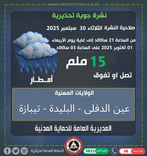 أحوال الطقس في الجزائر ليوم 30 سبتمبر 2025 (تحديث)