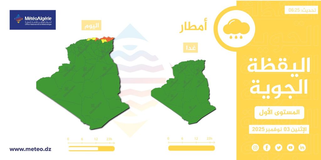 أحوال الطقس في الجزائر ليوم 3 نوفمبر 2025