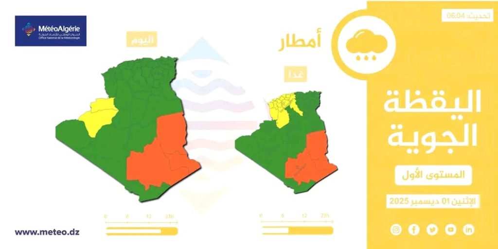 اضطراب جوي مرتقب على عدة ولايات جزائرية اليوم وغدا