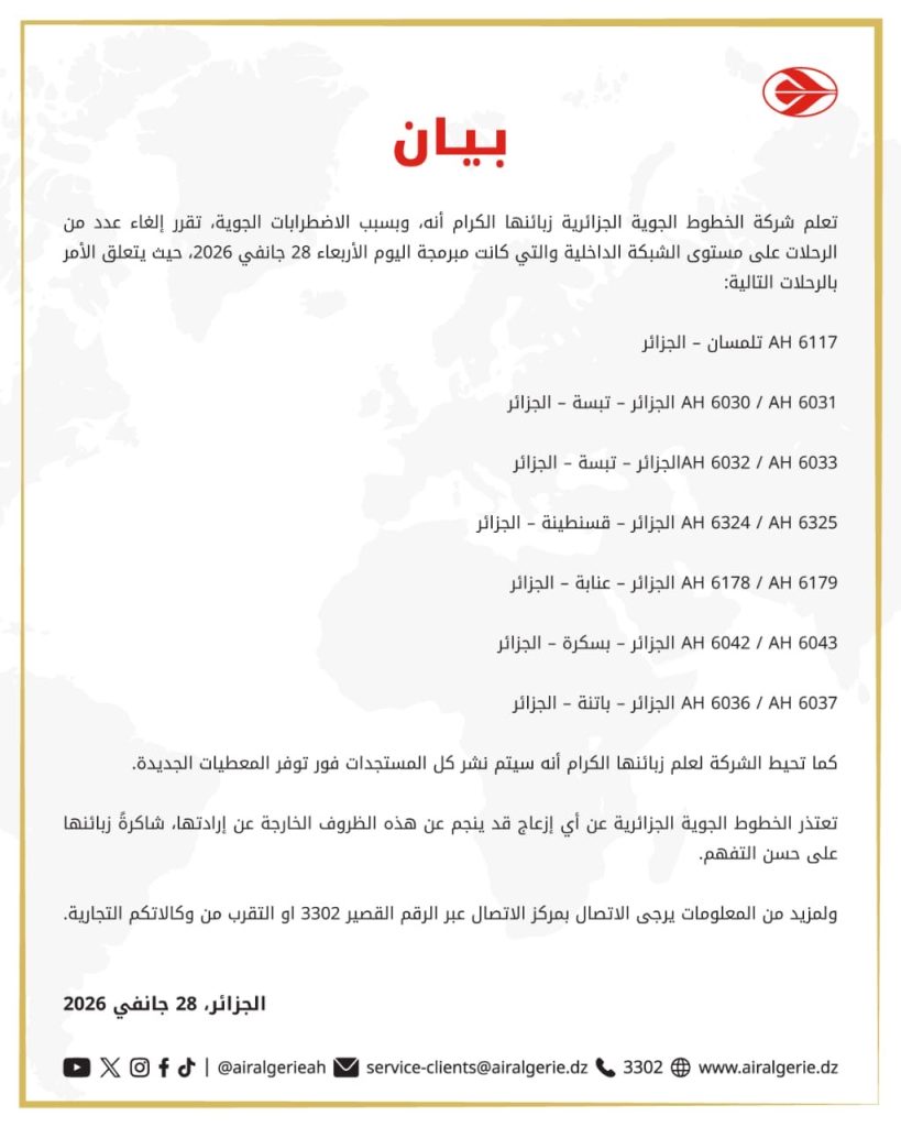 هذه هي الرحلات الجوية الداخلية الملغاة بسبب الاضطرابات الجوية