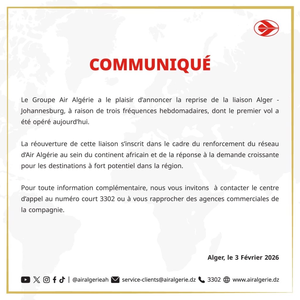 الخطوط الجوية الجزائرية تستأنف رحلاتها إلى جوهانسبرغ