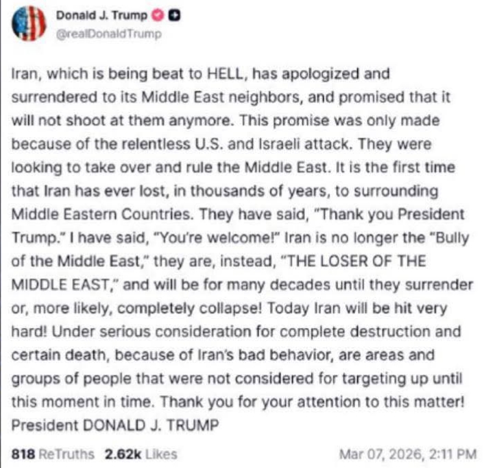 ترامب يتوعد إيران بـ”تدمير كامل”