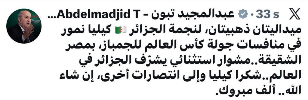 الرئيس تبون يشكر بطلة الجمباز الأولمبية الجزائرية كيليا نمور