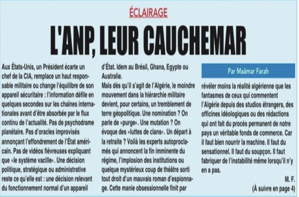 “Le Soir D’Algerie”: “الجيش الوطني الشعبي .. كابوسهم”
