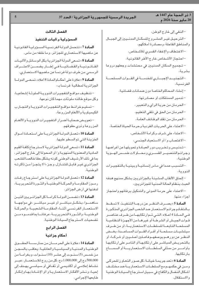 صدور قانون تجريم الاستعمار.. هذا ما تطالب به الجزائر فرنسا!