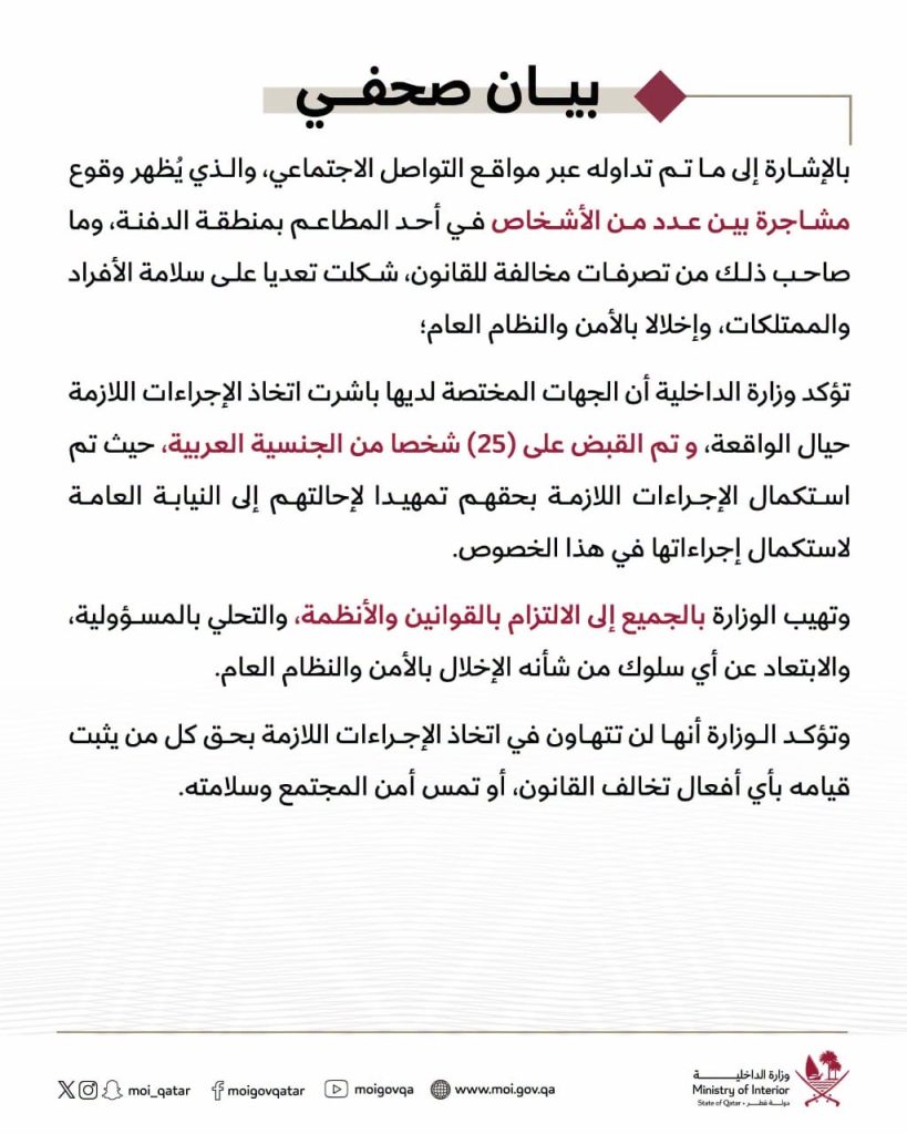 شجار عنيف بين أنصار جزائريين وأردنيين داخل مطعم بالدوحة.. والسلطات القطرية توقِف 25 متورطًا