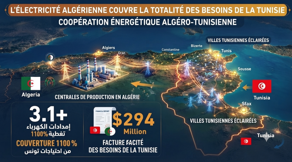 L&rsquo;Algérie fournit 100 % des importations d&rsquo;électricité de la Tunisie (rapport international)