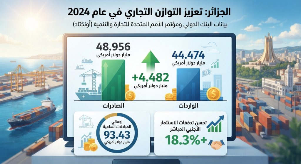 تجارة الجزائر تقترب من 100 مليار دولار.. فائض بـ4.48 مليارات والاستثمار الأجنبي يرتفع 18.3%