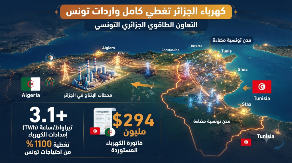 الجزائر تستحوذ على 100% من واردات تونس الكهربائية (تقرير دولي)