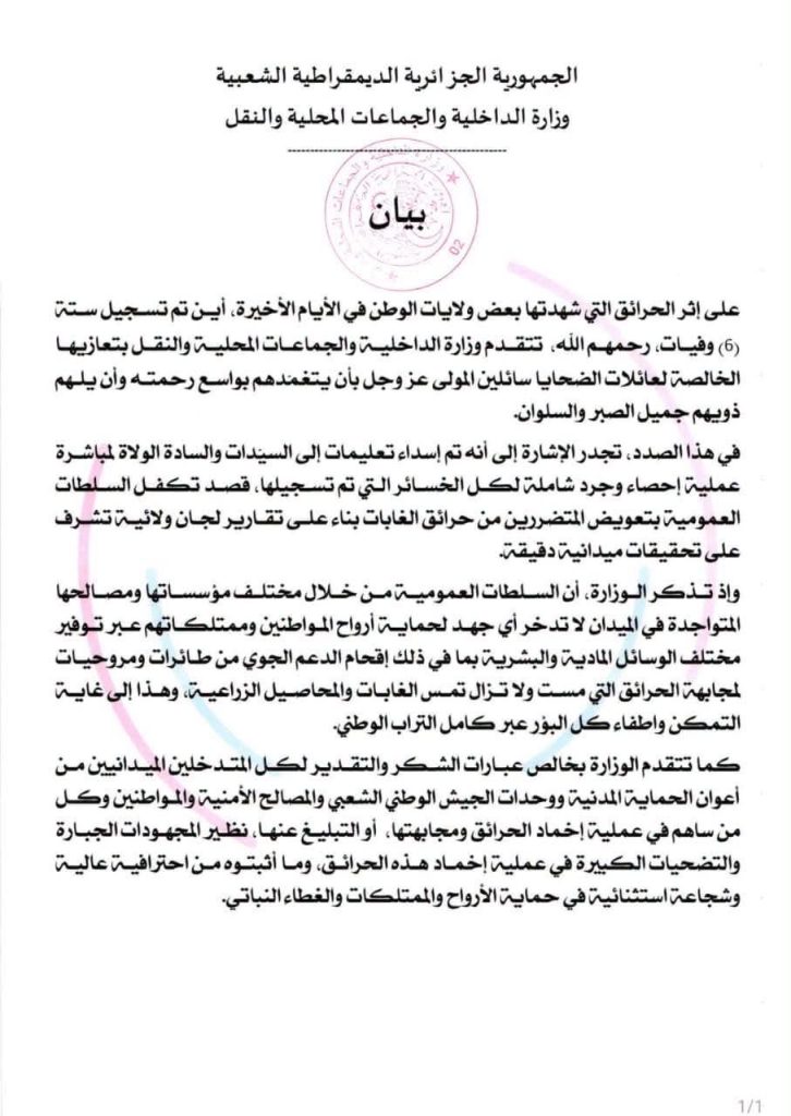 تعليمات صارمة للولاة لتعويض والتكفل بالمتضررين من الحرائق في الجزائر