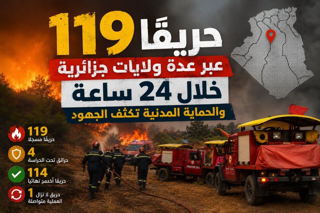 119 حريقًا عبر عدة ولايات جزائرية خلال 24 ساعة و الحماية المدنية تكثف الجهود