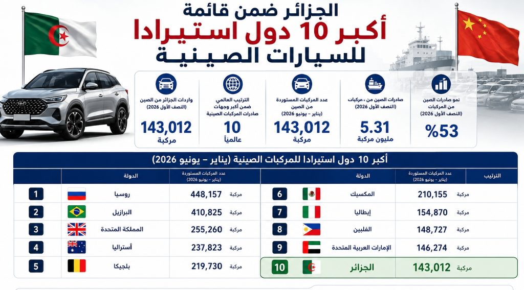 143 ألف مركبة في 6 أشهر.. الجزائر ضمن أكبر 10 مستوردي السيارات الصينية عالميا