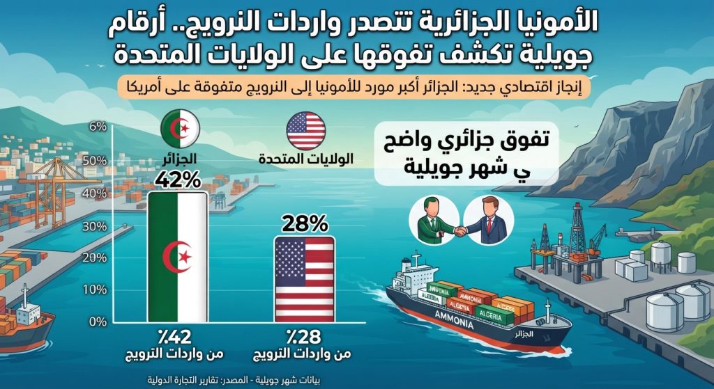 الأمونيا الجزائرية تتصدر واردات النرويج.. أرقام جويلية تكشف تفوقها على الولايات المتحدة
