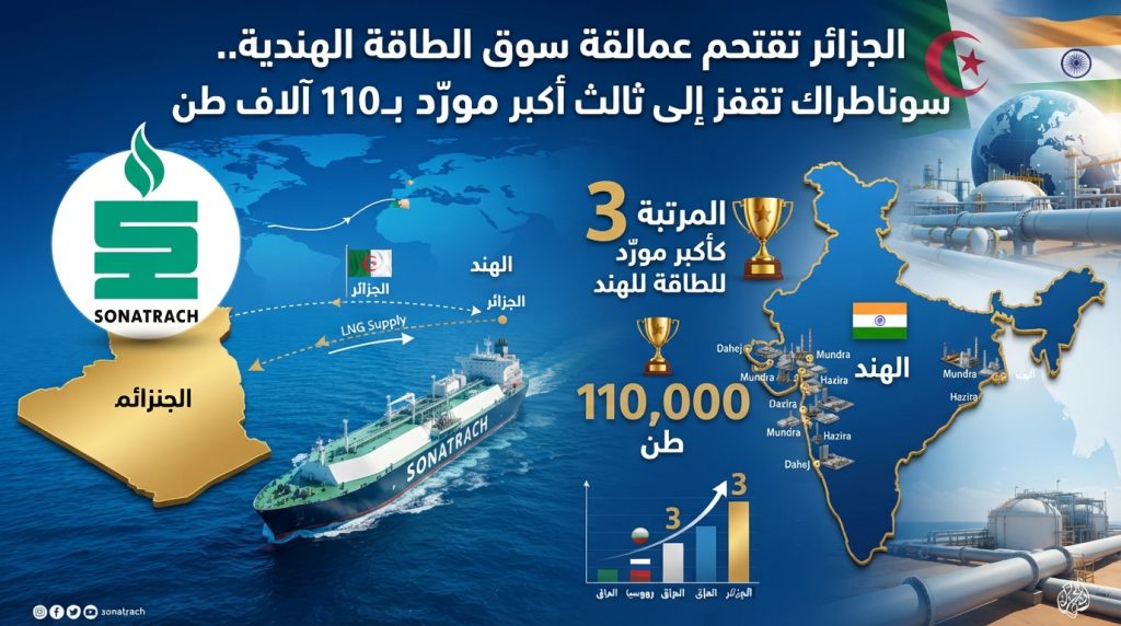 الجزائر تقتحم عمالقة سوق الطاقة الهندية.. سوناطراك تقفز إلى ثالث أكبر مورّد بـ110 آلاف طن