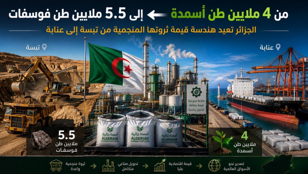 من 5.5 ملايين طن فوسفات إلى 4 ملايين طن أسمدة.. الجزائر تعيد هندسة قيمة ثروتها المنجمية من تبسة إلى عنابة