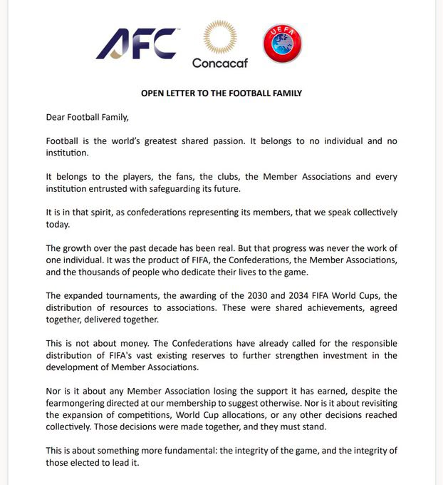 UEFA, AFC and CONCACAF Unite Against FIFA Over ‘Fundamental Breach of Trust’