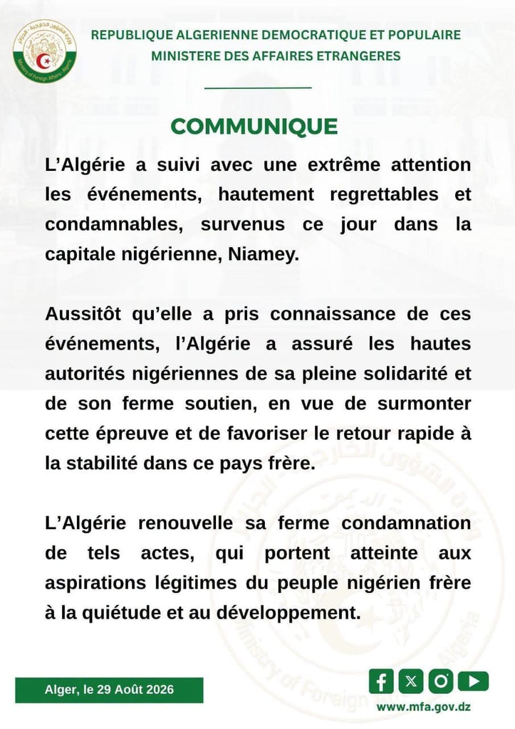Situation au Niger : l’Algérie exprime sa pleine solidarité avec les autorités nigériennes