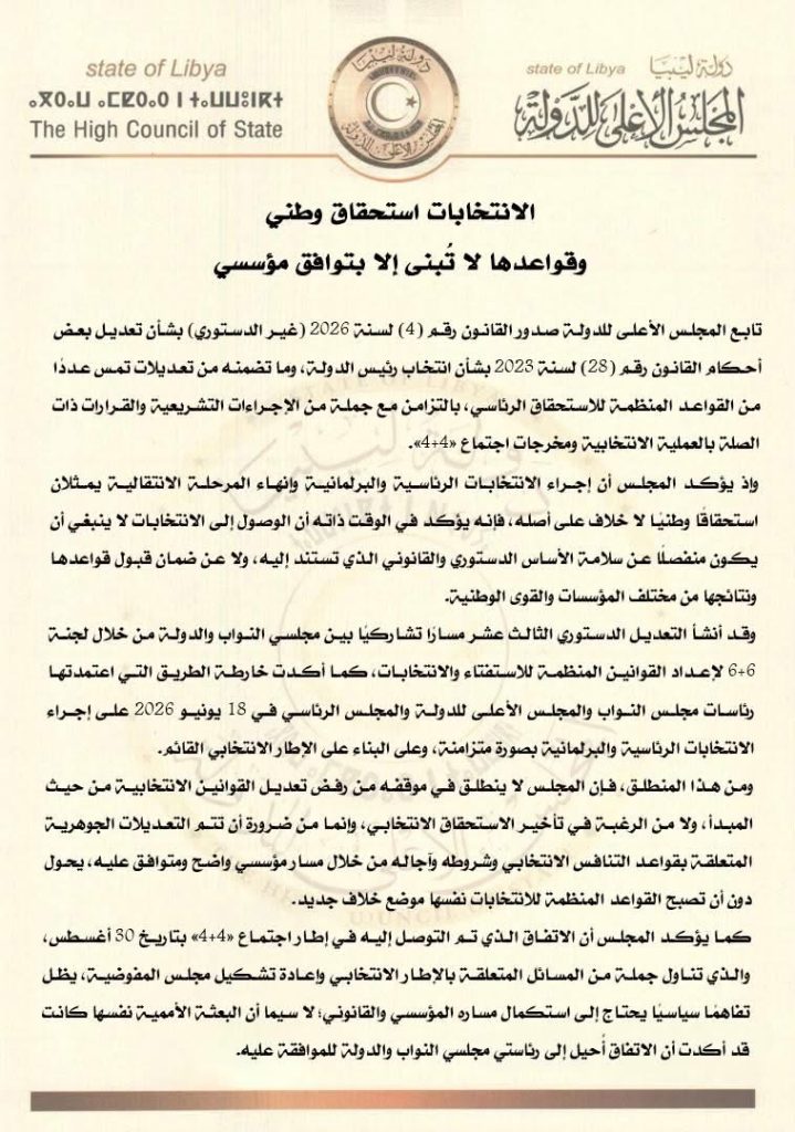 ليبيا : مجلس الدولة يرفض تعديلات مجلس النواب للقوانين الانتخابية ومخرجات 4+4