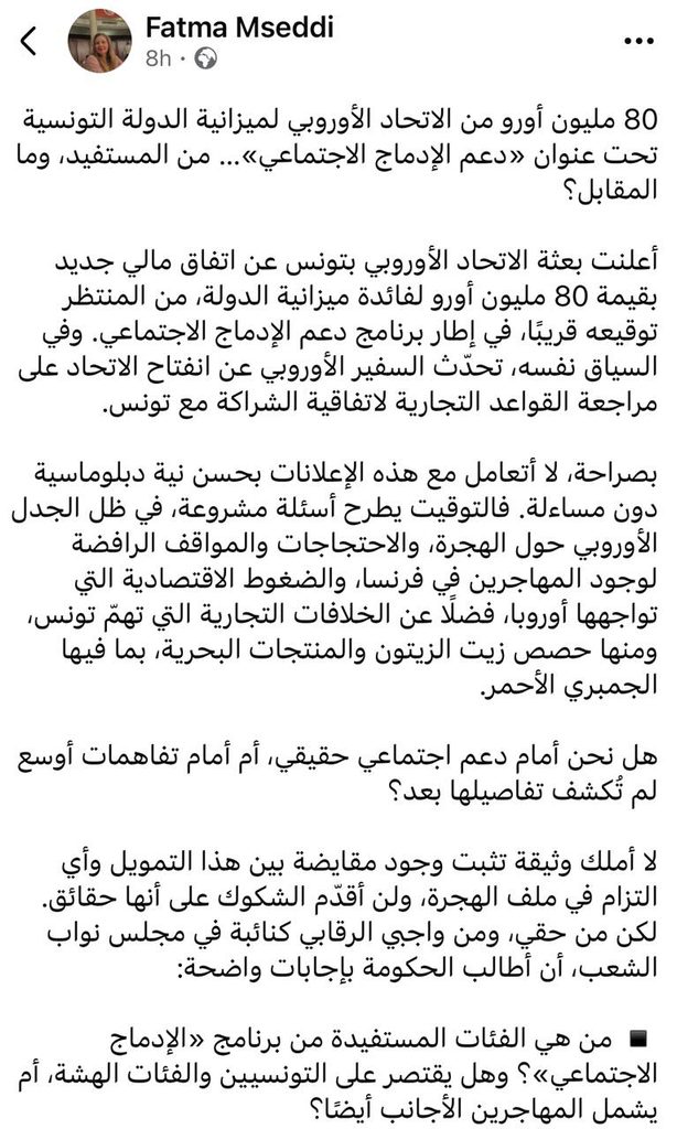 صفقة أم دعم؟.. برلمانية تونسية تطالب بكشف كواليس التمويل الأوروبي الأخير بـ 80 مليون يورو
